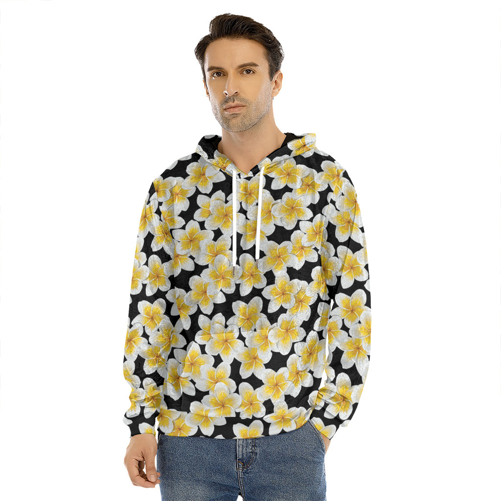 White And Black Frangipani Pattern Print Men's Velvet Pullover Hoodie