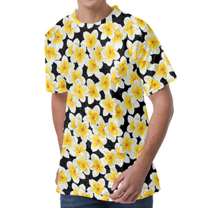 White And Black Frangipani Pattern Print Men's Velvet T-Shirt