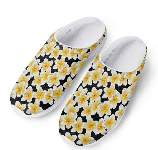 White And Black Frangipani Pattern Print Mesh Casual Shoes