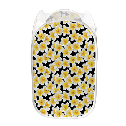 White And Black Frangipani Pattern Print Mesh Laundry Hamper