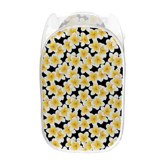 White And Black Frangipani Pattern Print Mesh Laundry Hamper