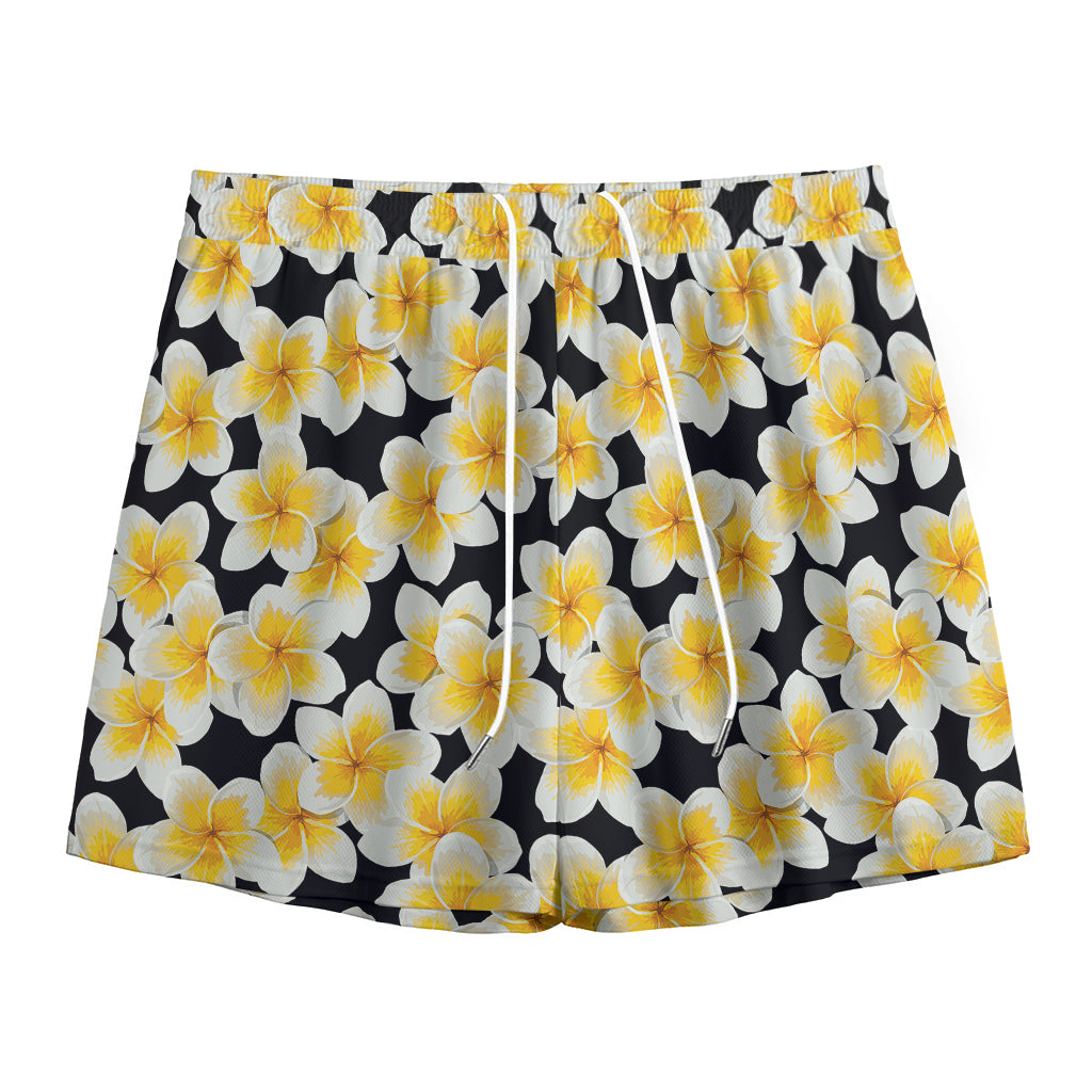 White And Black Frangipani Pattern Print Mesh Shorts