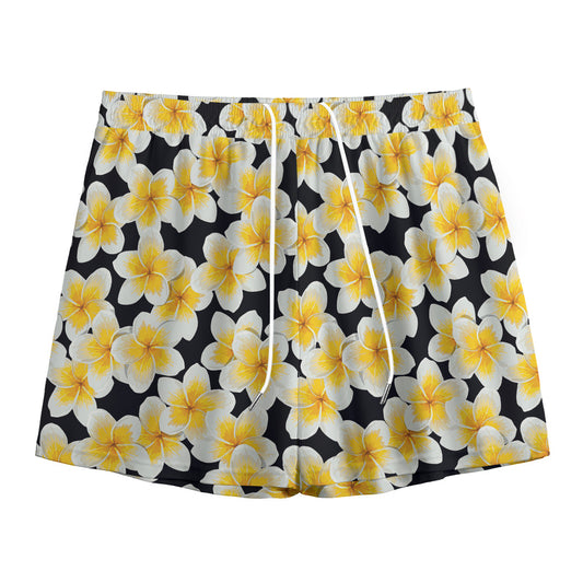 White And Black Frangipani Pattern Print Mesh Shorts