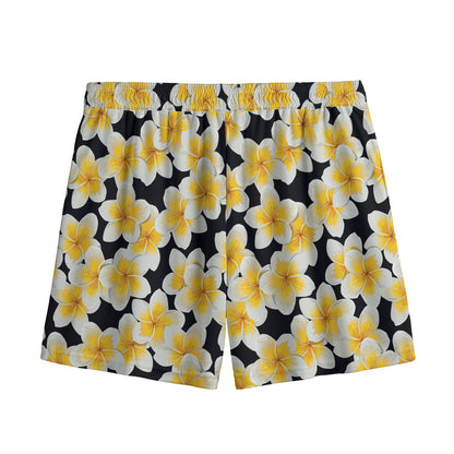 White And Black Frangipani Pattern Print Mesh Shorts