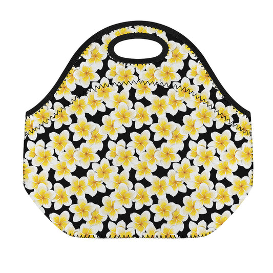White And Black Frangipani Pattern Print Neoprene Lunch Bag