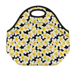 White And Black Frangipani Pattern Print Neoprene Lunch Bag