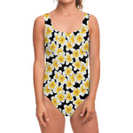 White And Black Frangipani Pattern Print One Piece Swimsuit