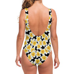 White And Black Frangipani Pattern Print One Piece Swimsuit