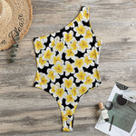 White And Black Frangipani Pattern Print One Shoulder Bodysuit