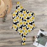 White And Black Frangipani Pattern Print One Shoulder Bodysuit