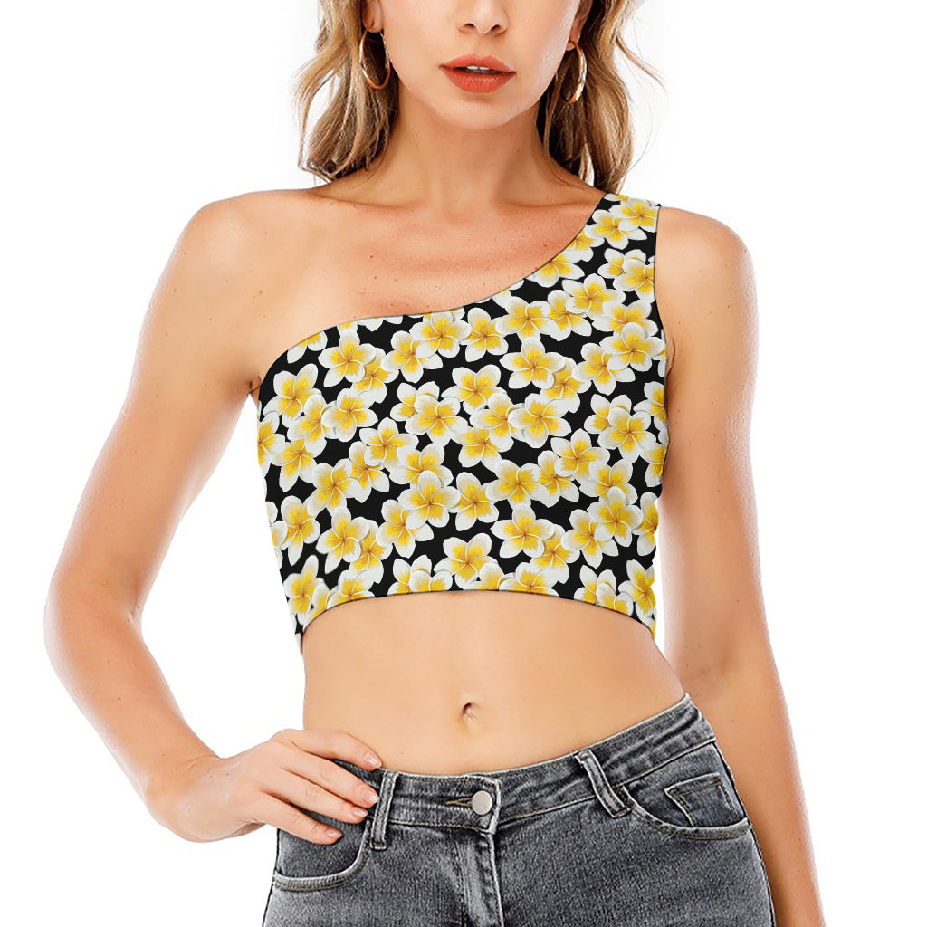 White And Black Frangipani Pattern Print One Shoulder Crop Top