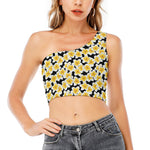 White And Black Frangipani Pattern Print One Shoulder Crop Top
