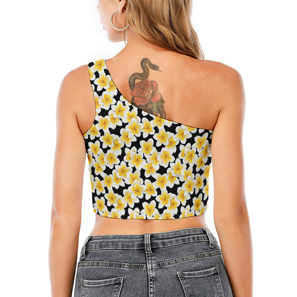 White And Black Frangipani Pattern Print One Shoulder Crop Top