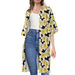 White And Black Frangipani Pattern Print Open Front Beach Cover Up