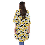White And Black Frangipani Pattern Print Open Front Beach Cover Up