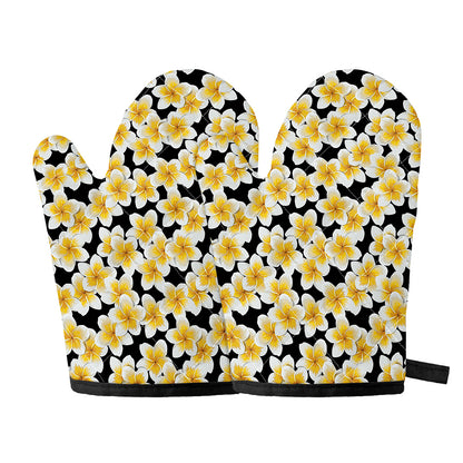 White And Black Frangipani Pattern Print Oven Mitts