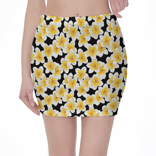 White And Black Frangipani Pattern Print Pencil Mini Skirt