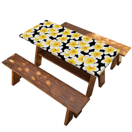 White And Black Frangipani Pattern Print Picnic Table Cover