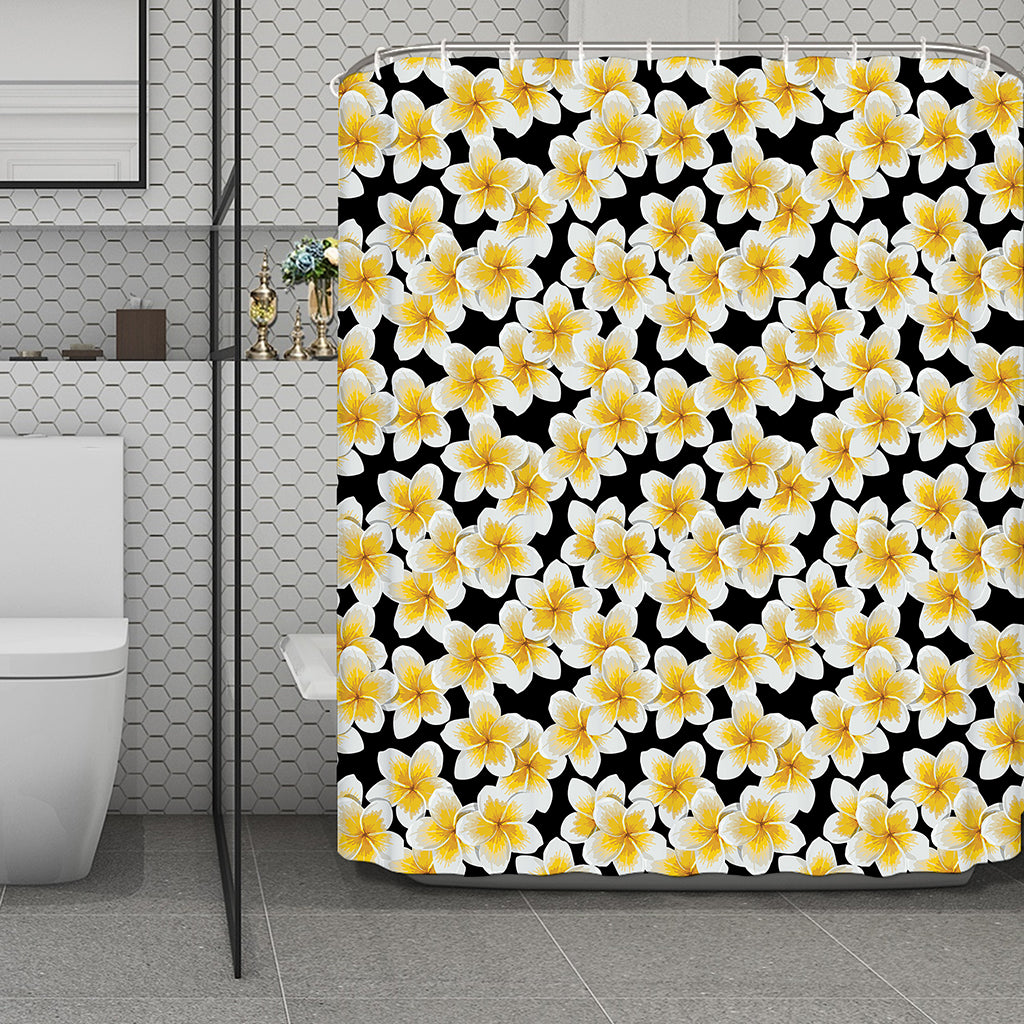 White And Black Frangipani Pattern Print Polyester Shower Curtain