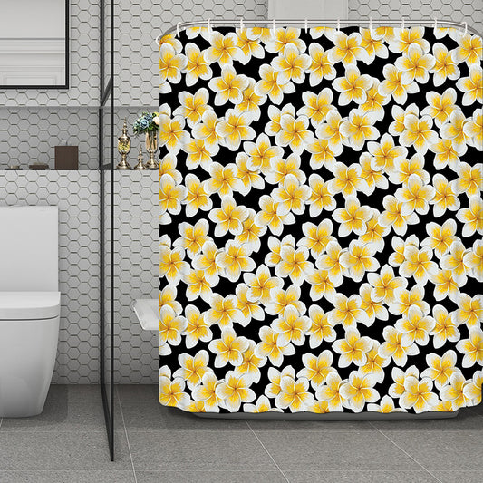 White And Black Frangipani Pattern Print Polyester Shower Curtain