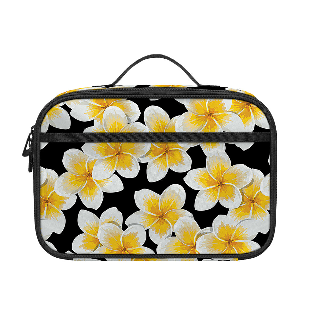 White And Black Frangipani Pattern Print Portable Lunch Bag
