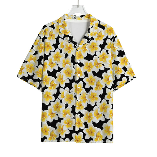 White And Black Frangipani Pattern Print Rayon Hawaiian Shirt