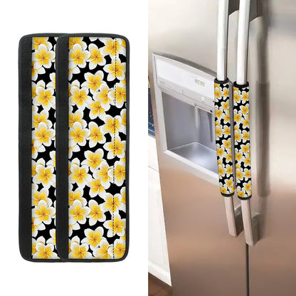 White And Black Frangipani Pattern Print Refrigerator Handle Covers