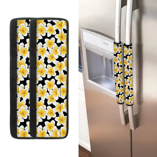 White And Black Frangipani Pattern Print Refrigerator Handle Covers