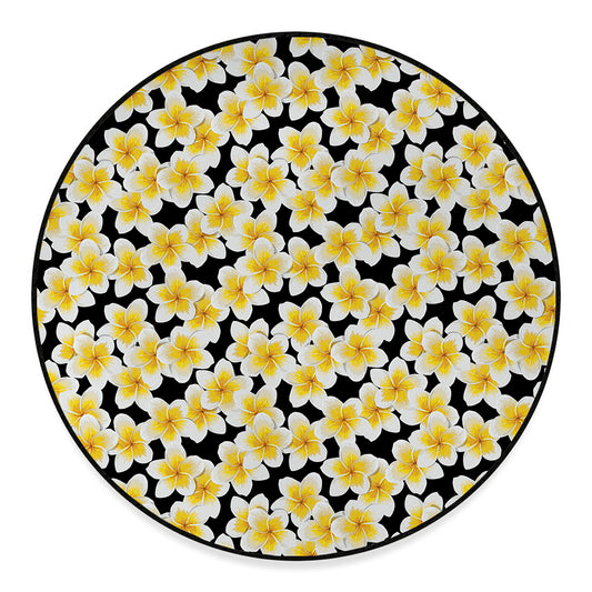 White And Black Frangipani Pattern Print Round Floor Mat