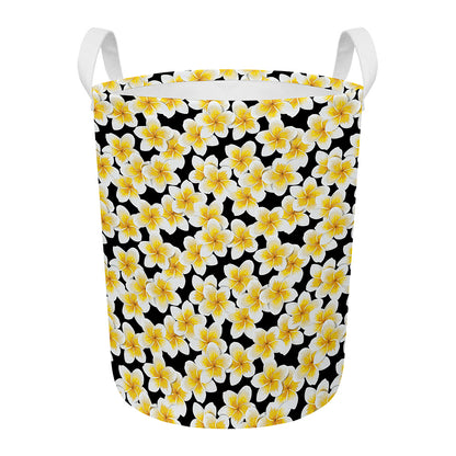 White And Black Frangipani Pattern Print Round Laundry Basket
