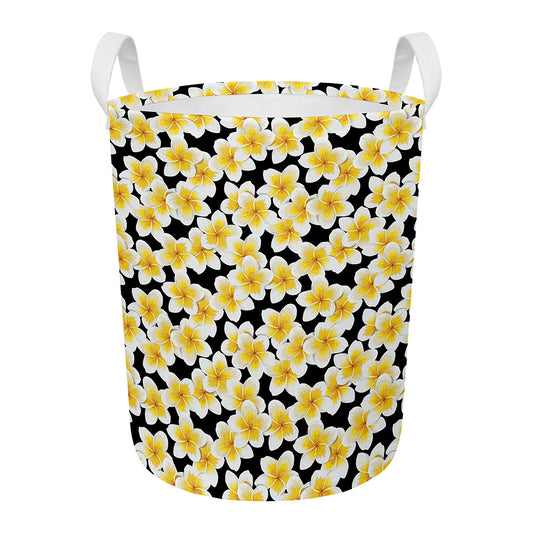 White And Black Frangipani Pattern Print Round Laundry Basket
