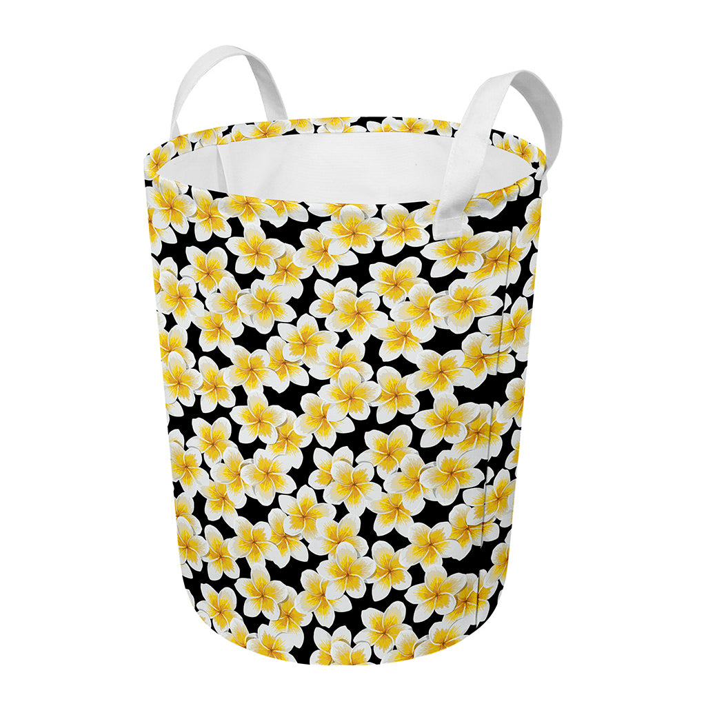 White And Black Frangipani Pattern Print Round Laundry Basket
