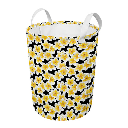 White And Black Frangipani Pattern Print Round Laundry Basket