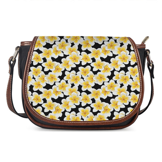 White And Black Frangipani Pattern Print Saddle Bag