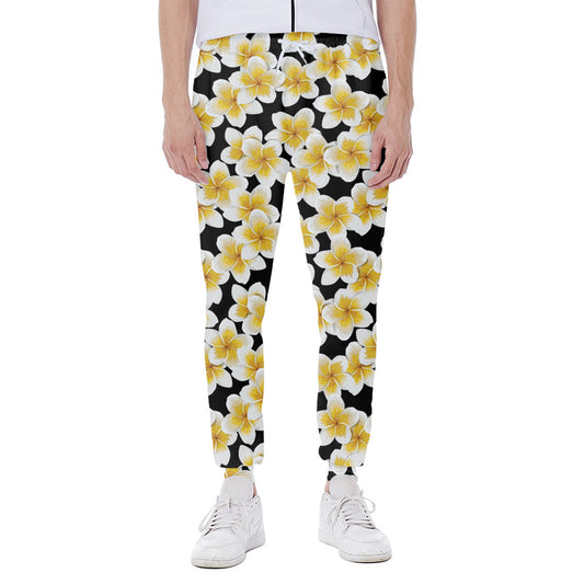 White And Black Frangipani Pattern Print Scuba Joggers