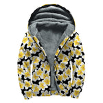 White And Black Frangipani Pattern Print Sherpa Lined Zip Up Hoodie