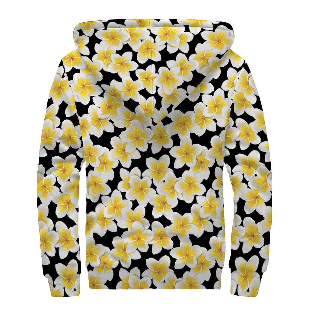White And Black Frangipani Pattern Print Sherpa Lined Zip Up Hoodie