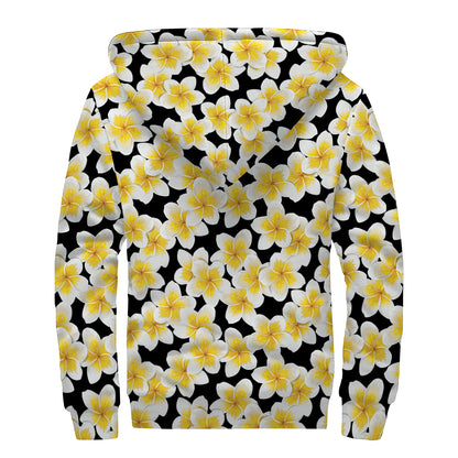 White And Black Frangipani Pattern Print Sherpa Lined Zip Up Hoodie