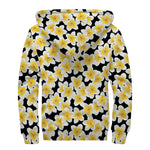 White And Black Frangipani Pattern Print Sherpa Lined Zip Up Hoodie