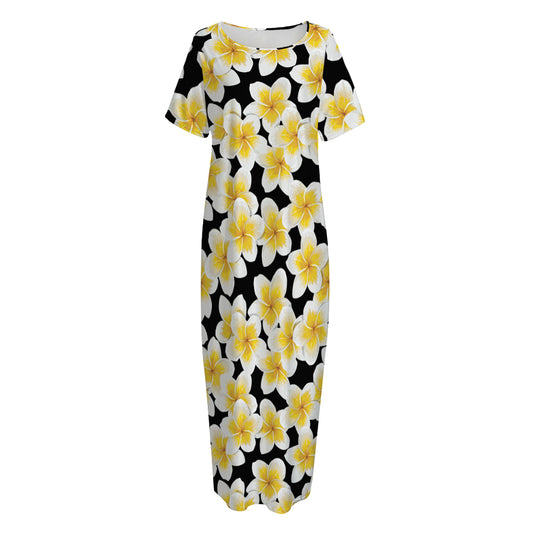 White And Black Frangipani Pattern Print Short Sleeve Long Nightdress