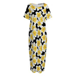 White And Black Frangipani Pattern Print Short Sleeve Long Nightdress