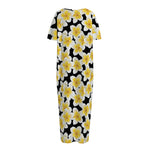 White And Black Frangipani Pattern Print Short Sleeve Long Nightdress