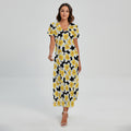 White And Black Frangipani Pattern Print Short Sleeve Maxi Dress