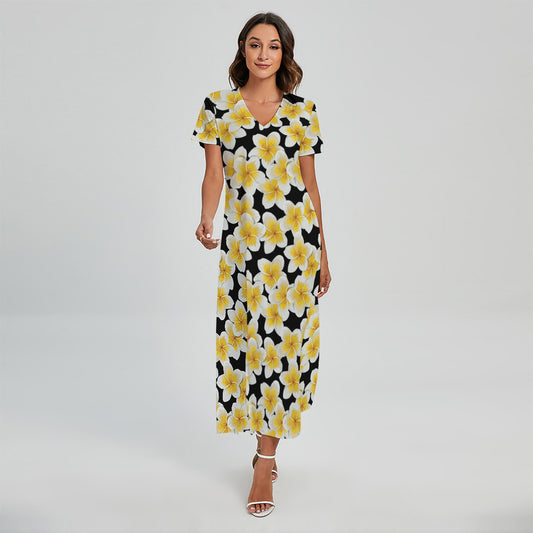 White And Black Frangipani Pattern Print Short Sleeve Maxi Dress