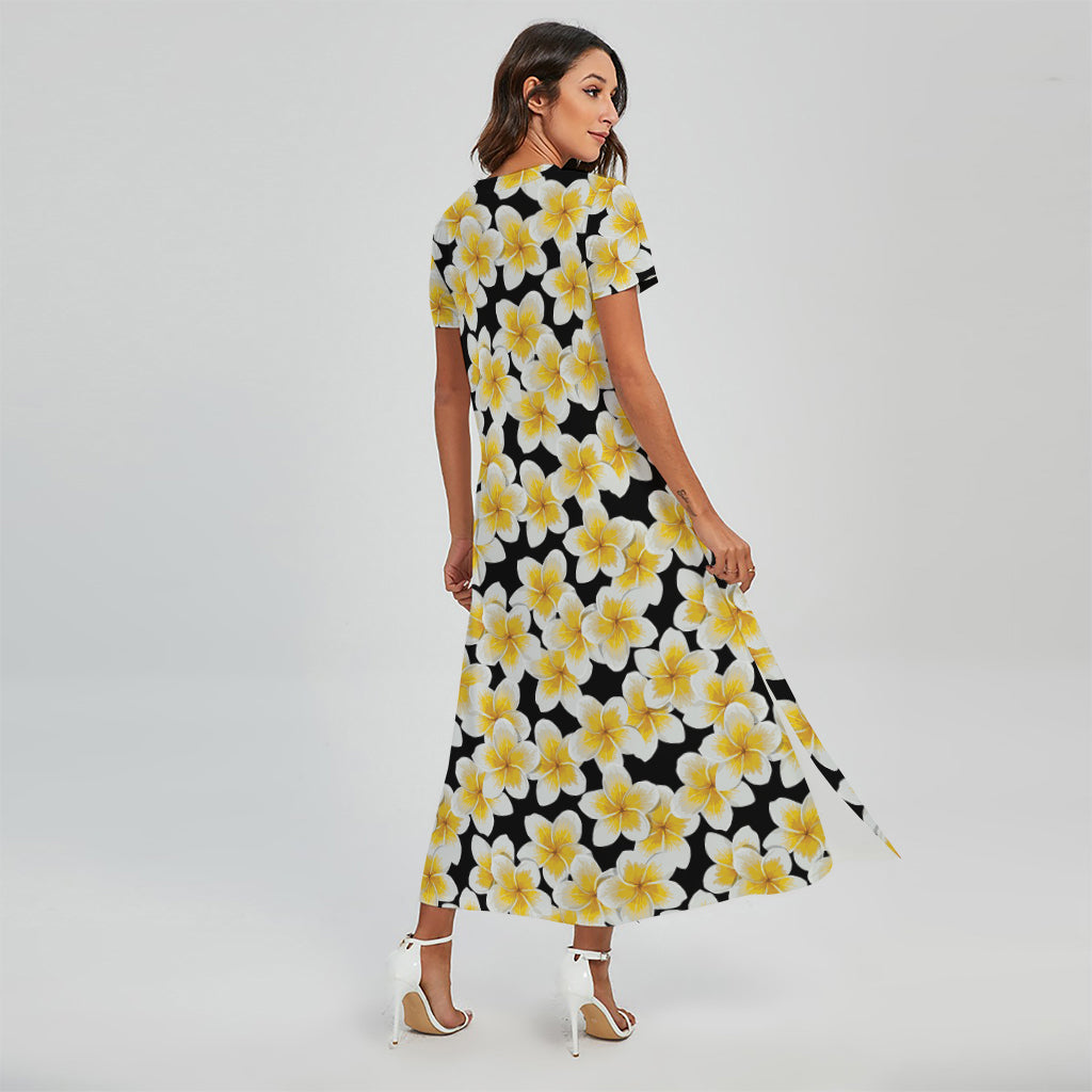 White And Black Frangipani Pattern Print Short Sleeve Maxi Dress