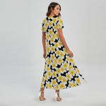 White And Black Frangipani Pattern Print Short Sleeve Maxi Dress
