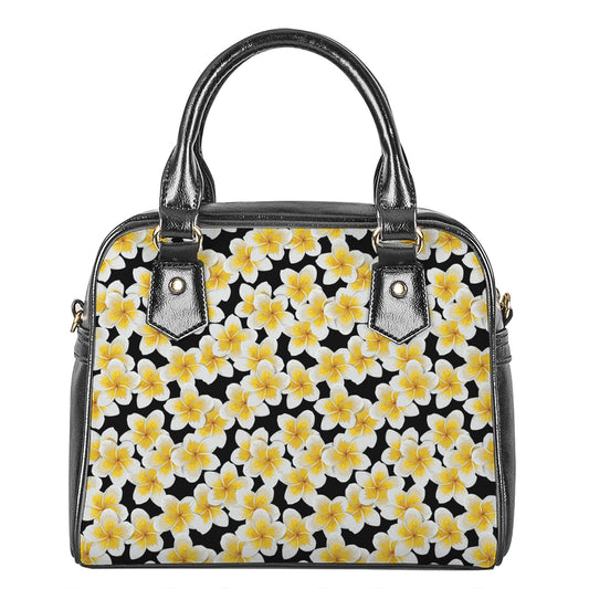 White And Black Frangipani Pattern Print Shoulder Handbag