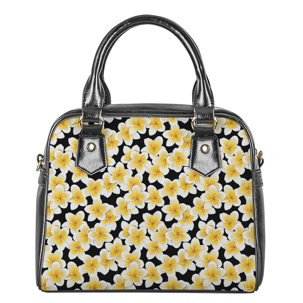 White And Black Frangipani Pattern Print Shoulder Handbag