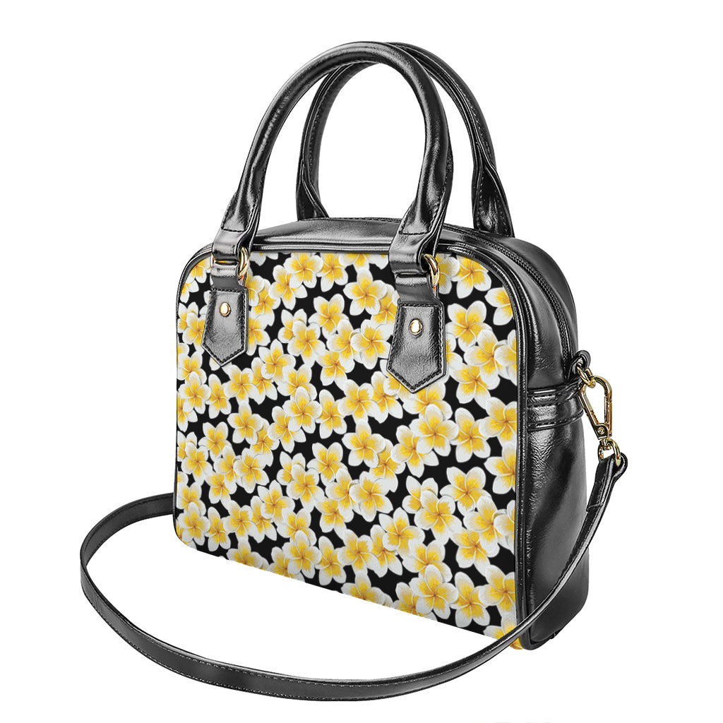 White And Black Frangipani Pattern Print Shoulder Handbag