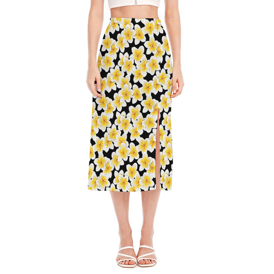 White And Black Frangipani Pattern Print Side Slit Midi Skirt